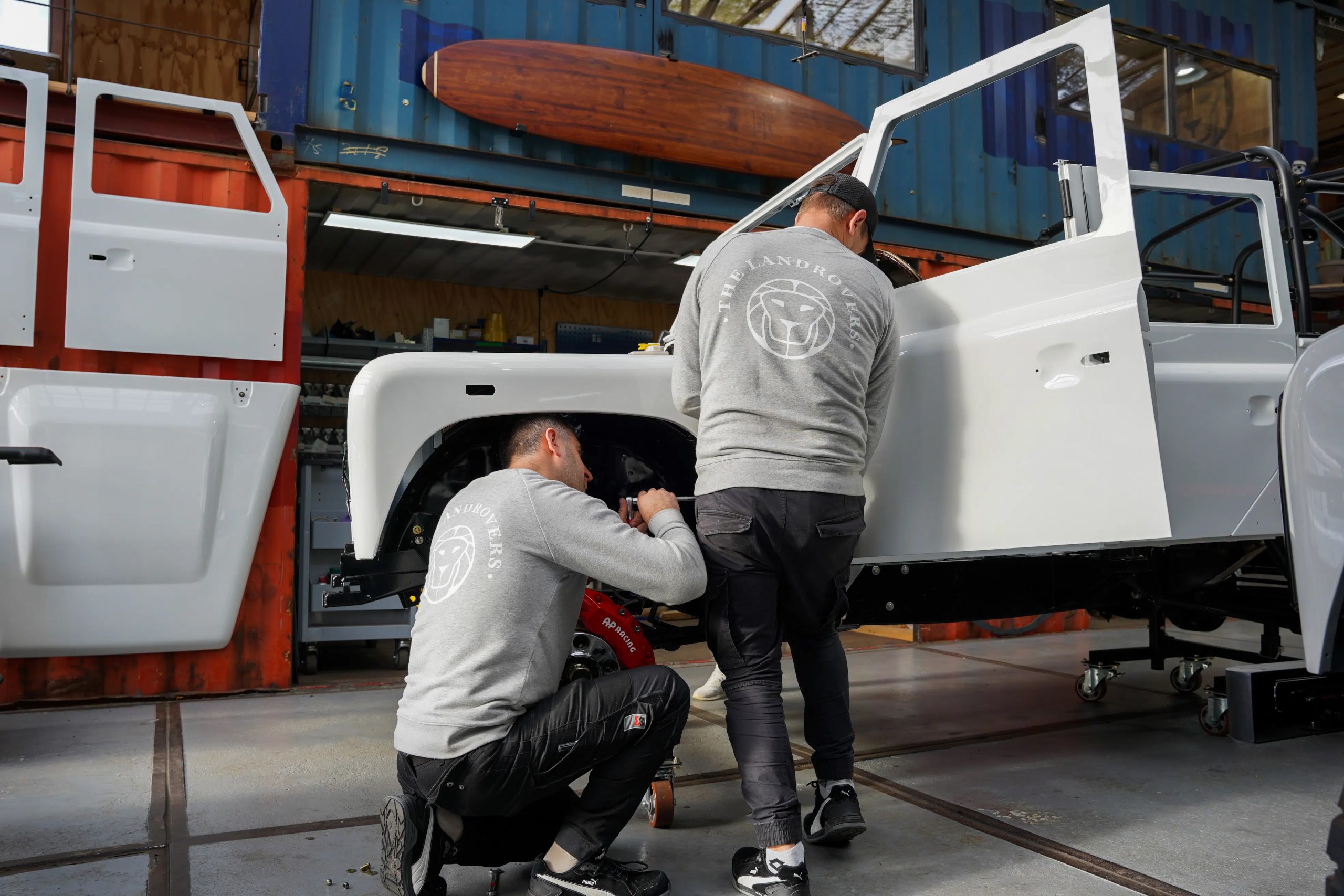 A new galvanised Defender chassis with suspension and brakes fitted