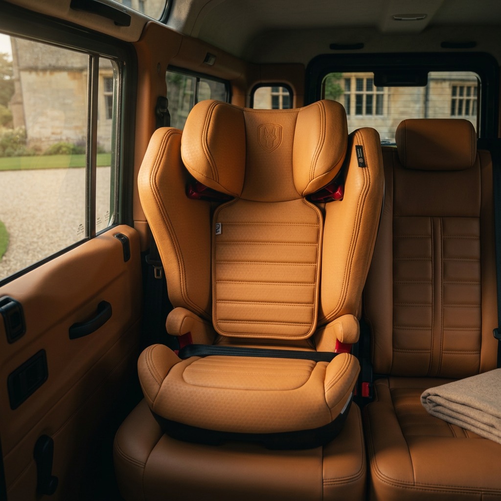 Tan leather child seat fitted in the rear cabin of a Defender