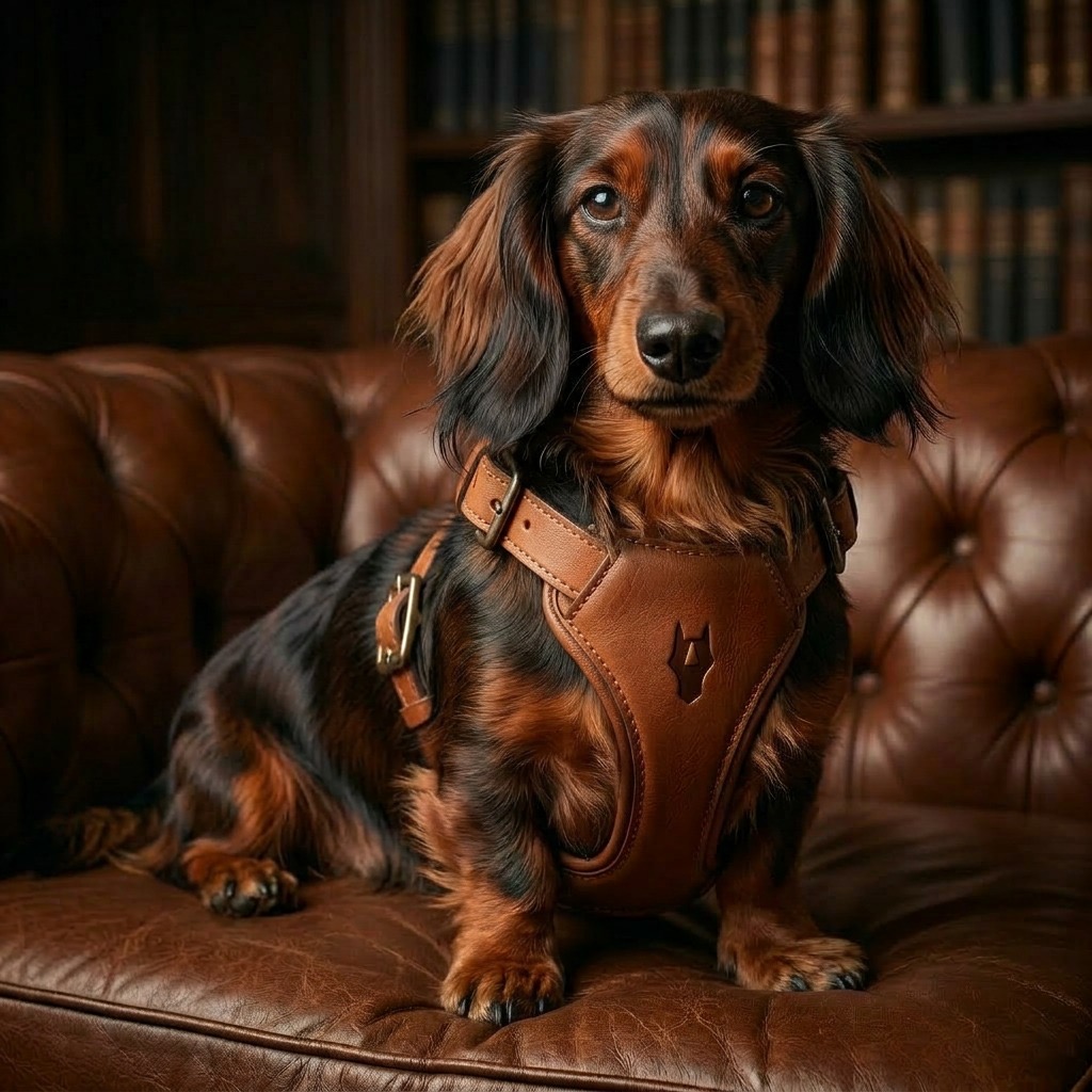 Long-haired dachshund wearing a tan leather Autelier harness on a leather sofa